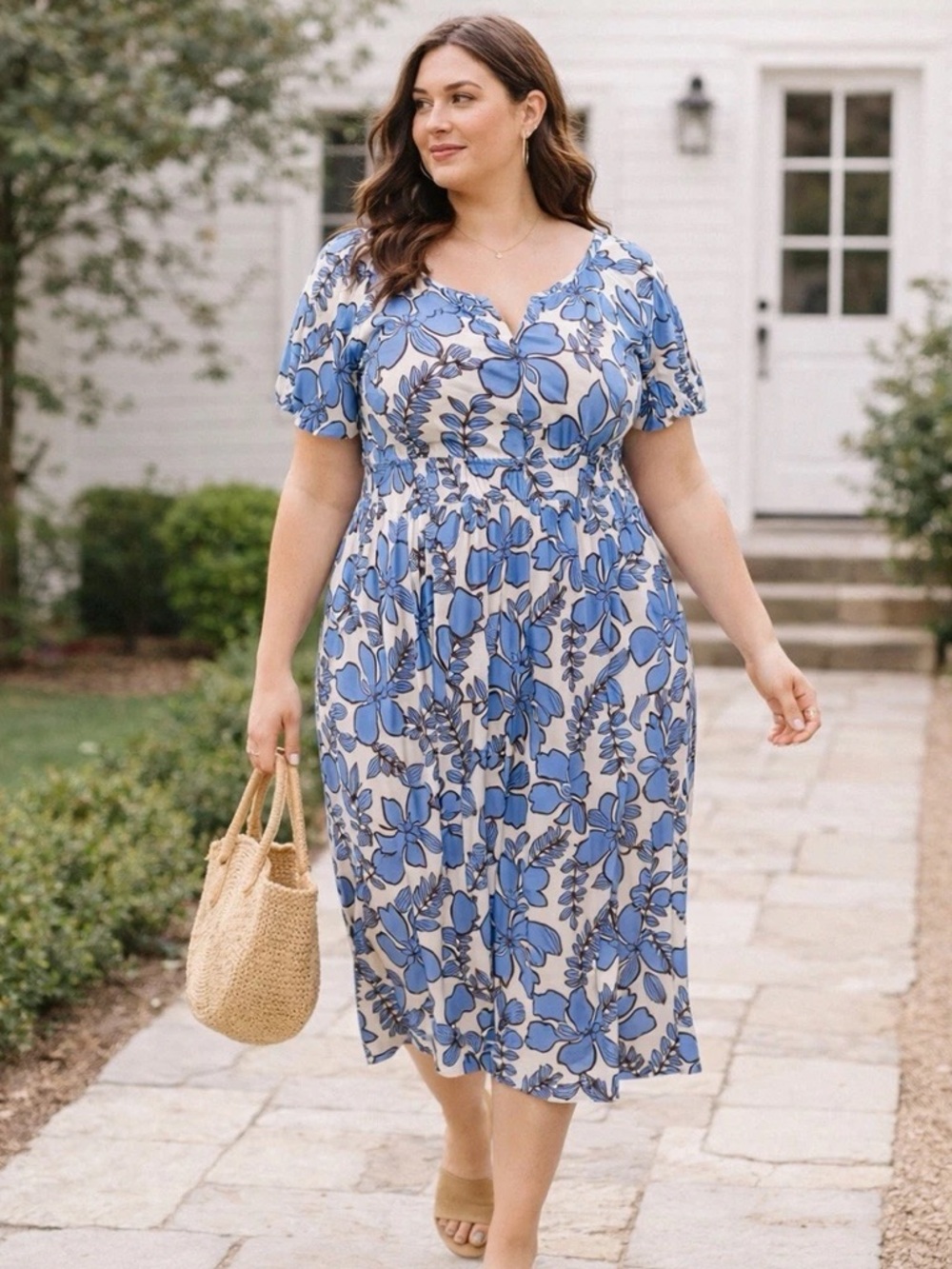 Nicole Miller Blue Floral Split Neck Short Sleeve Midi Dress Womans Size 2X